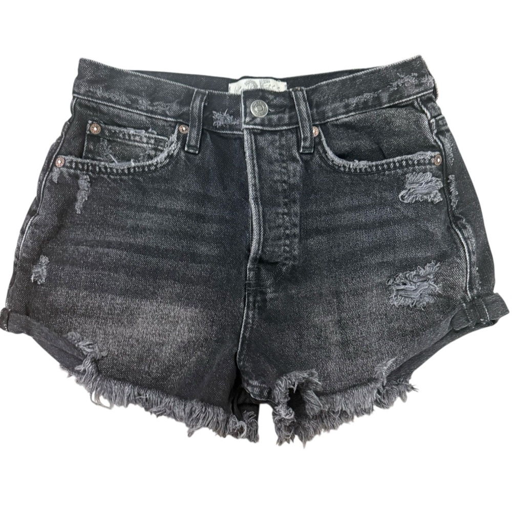 Free People Lasso High Rise Black Wash Raw Hem Distressed Denim Shorts Size 25 - Picture 8 of 15